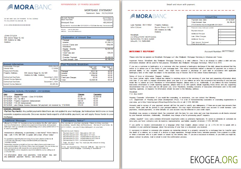 Relevé hypothécaire de la banque Andorra MoraBank, 3 pages, 1 , 2 scr